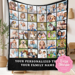 Simple Photo Collage Black Personalised 36 Picture Sherpa Blanket