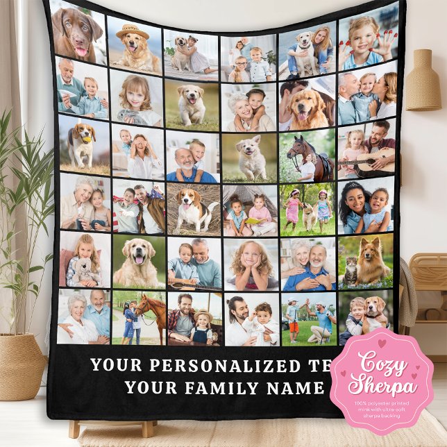 Simple Photo Collage Black Personalised 36 Picture Sherpa Blanket (Creator Uploaded)