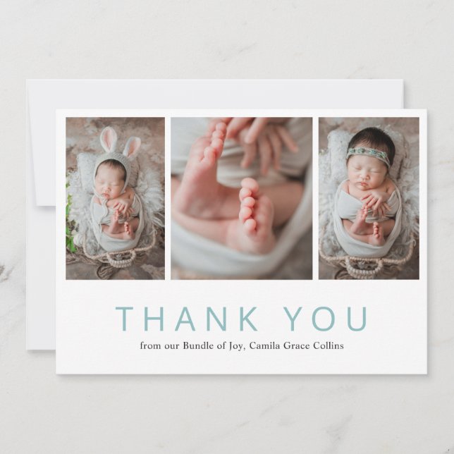 Simple Photo Collage Blue Modern Baby Shower Thank You Card (Front)