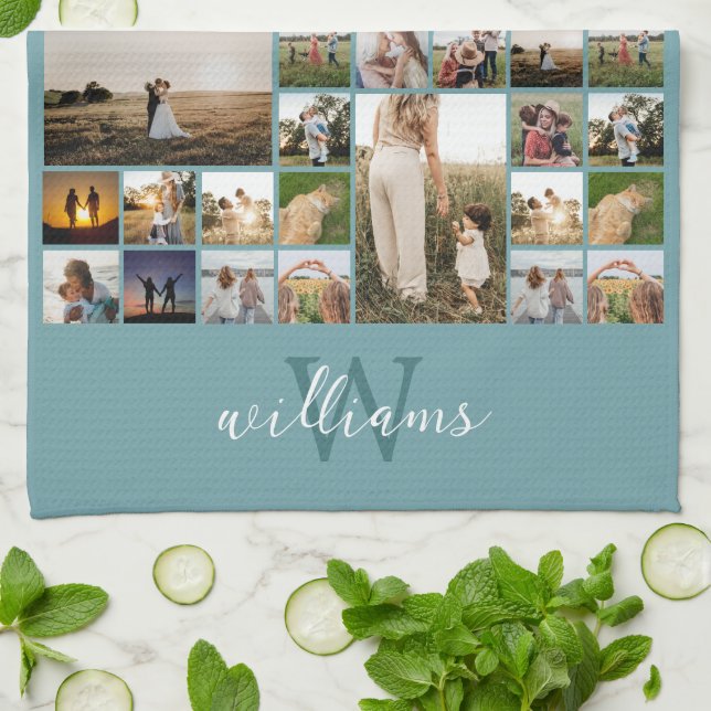 Simple Photo Collage Custom Colour Personalised Tea Towel (Folded)