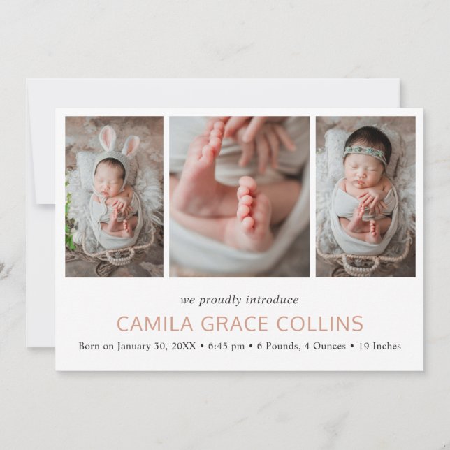 Simple Photo Collage Elegant Modern Birth Announcement (Front)