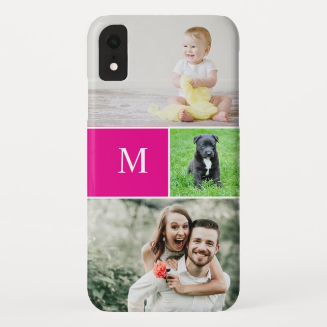 Simple Photo Collage Monogram Family Magenta Pink Case-Mate iPhone Case (Back)