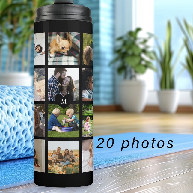 Simple photo collage monogrammed keepsake black thermal tumbler (Creator Uploaded)