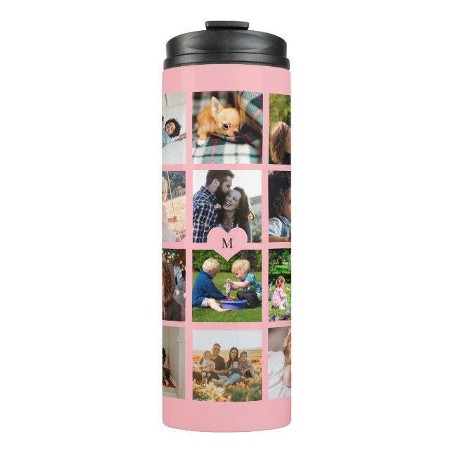 Simple photo collage monogrammed keepsake blush thermal tumbler (Front)