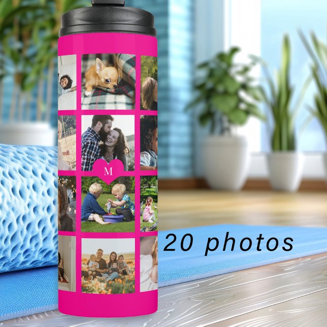 Simple photo collage monogrammed keepsake hot pink thermal tumbler (Creator Uploaded)
