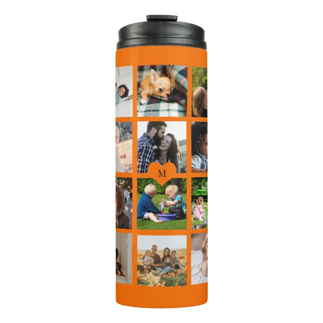 Simple photo collage monogrammed keepsake orange thermal tumbler (Front)