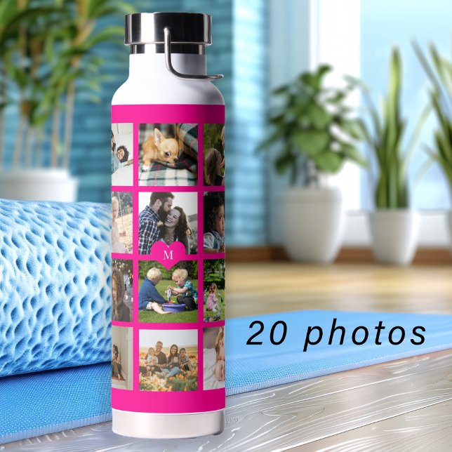 Simple photo collage monogrammed keepsake pink water bottle (Creator Uploaded)