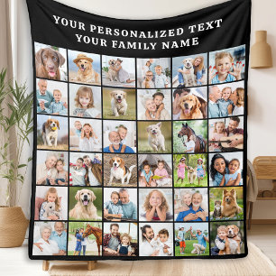 Simple Photo Collage Personalised 36 Picture Black Fleece Blanket