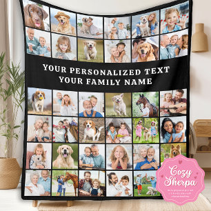 Simple Photo Collage Personalized Black 36 Picture Sherpa Blanket