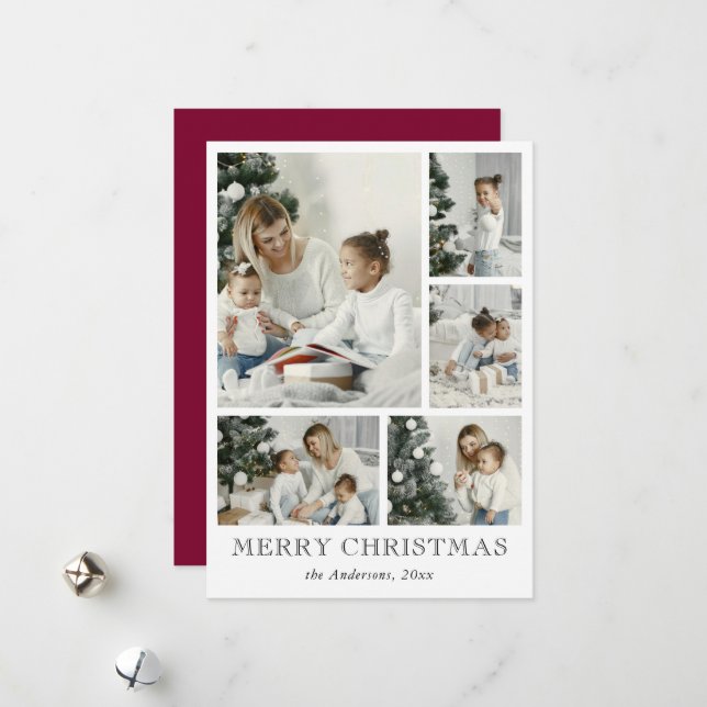 Simple Photo Collage Red Christmas Holiday Card (Front/Back In Situ)