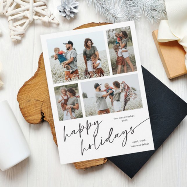 Simple Photo Collage Script Happy Holidays Magnet (Simple black and white script happy holidays 4 photo collage holiday magnetic card.)