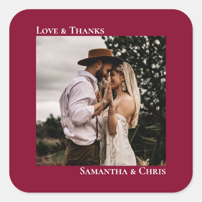 Simple Photo Cranberry Red Love & Thanks Wedding Square Sticker (Front)