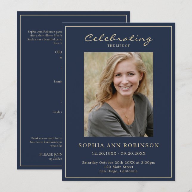 Simple Photo Funeral Blue Gold Order Of Service Program (Front/Back)