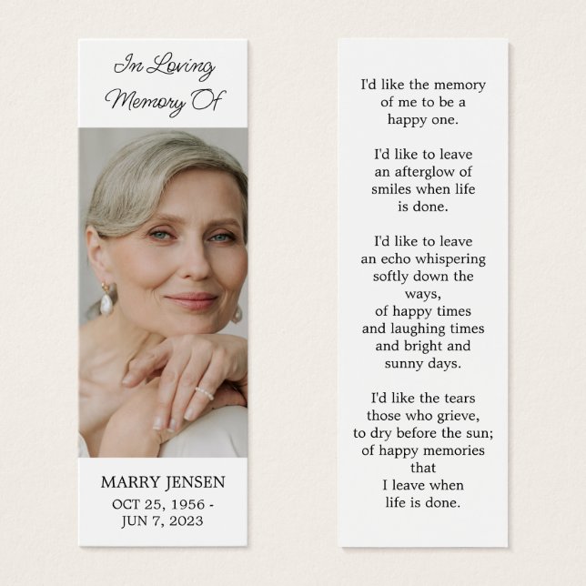 Simple Photo Funeral Memorial Bookmark (Front & Back)