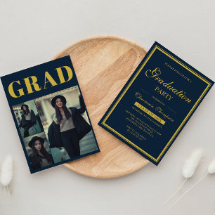 Simple Photo Gold Border   Navy Blue Graduation Invitation