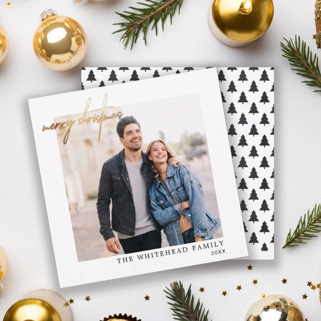 Simple Photo Gold Merry Christmas White Holiday Card (Creator Uploaded)