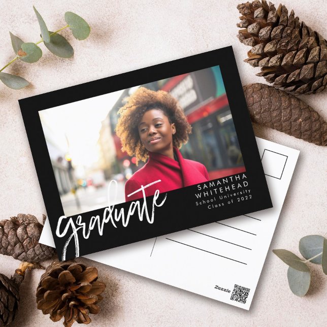 Simple Photo Graduate Announcement 2022 Black Postcard (Modern simple graduate chalk script postcard for the minimalistic grad.)