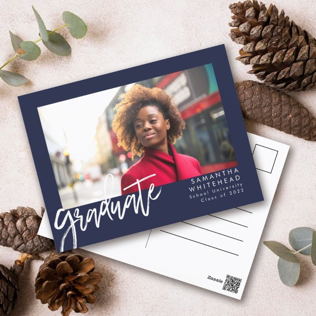 Simple Photo Graduate Announcement 2022 Navy Blue Postcard (Modern simple graduate chalk script postcard for the minimalistic grad.)