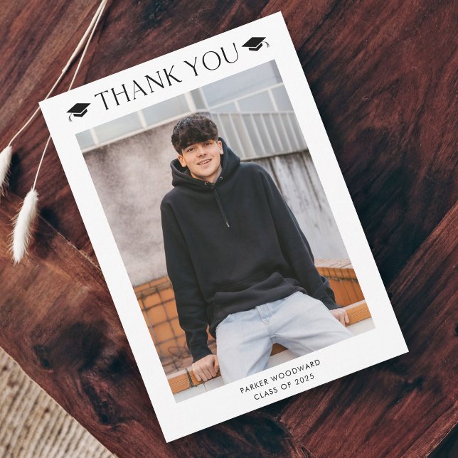 Simple Photo Graduation  Thank You Card (Simple black and white cap photo graduation thank you card.)