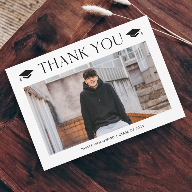 Simple Photo Graduation Thank You Card (Simple black and white cap photo graduation thank you card.)