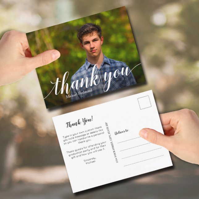 Simple Photo Graduation White Script Thank You Postcard (Creator Uploaded)