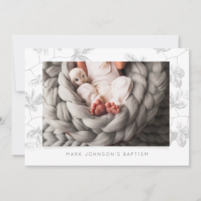 Simple Photo Grey Foliage Baptism Party Invitation (Front)