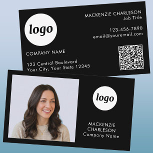 Simple Photo Logo Text QR Code Black Business Card