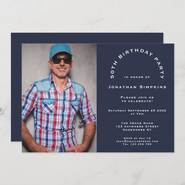 Simple Photo Man 50th Birthday Party Navy Blue Invitation (Front/Back)