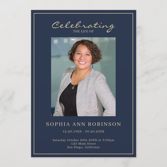 Simple Photo Memorial Order Of Service Gold Blue  Program (Front)