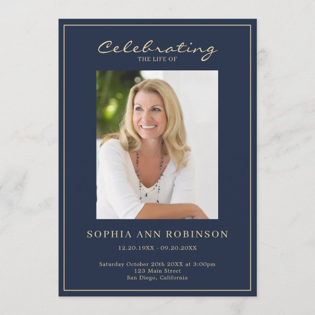 Simple Photo Memorial Order Of Service Gold Blue  Program (Front)