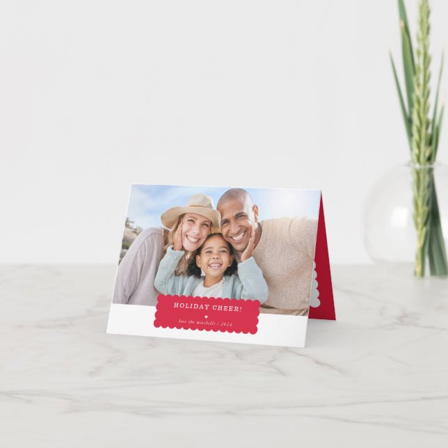 SIMPLE PHOTO modern minimal scallop edge red Holiday Card (Front)