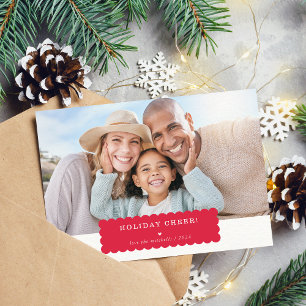 SIMPLE PHOTO modern minimal scallop edge red Holiday Card