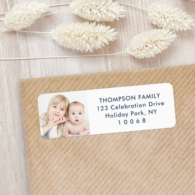 Simple Photo Modern Navy Blue White Return Address Label (Creator Uploaded)
