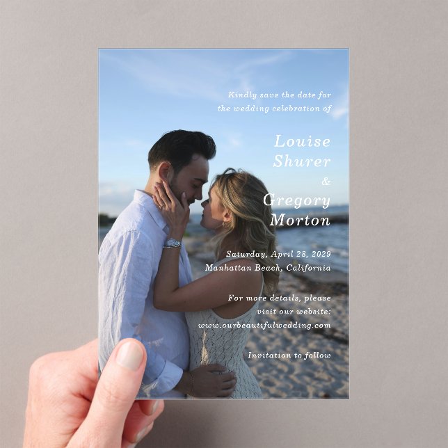 Simple Photo Modern Wedding Save the Date Acrylic Invitations (Insitu (Handheld))