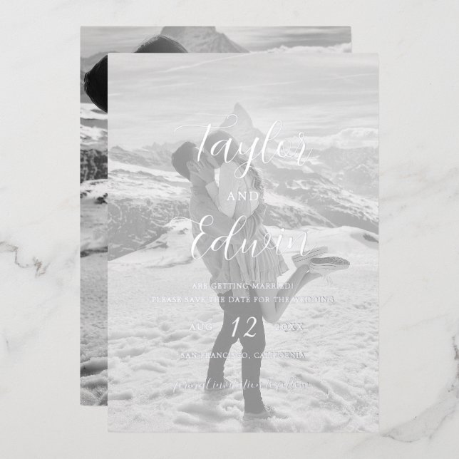 Simple Photo Modern Wedding Save The Date Silver (Front/Back)