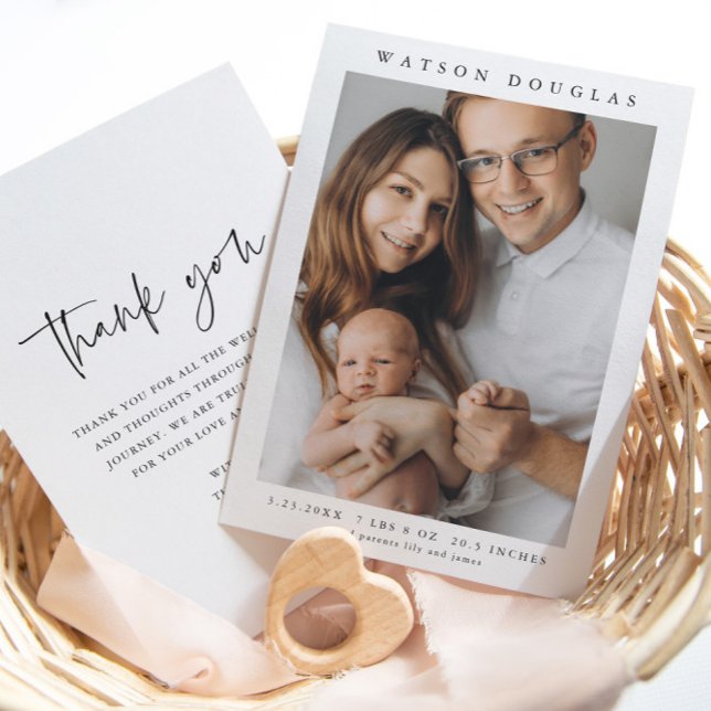 Simple Photo Newborn Baby Birth  Announcement (Simple minimalist newborn baby photo birth announcement thank you cards.)