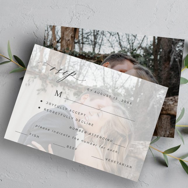 Simple photo overlay meal option wedding RSVP card (Creator Uploaded)