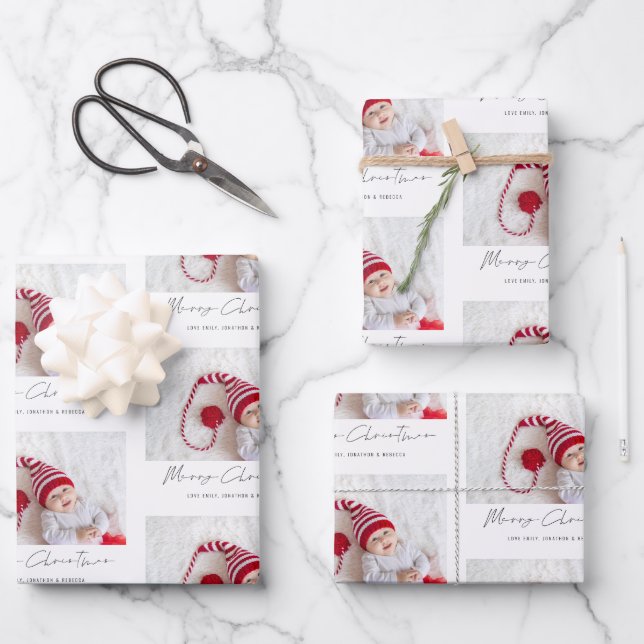 Simple Photo Pattern Name Script Merry Christmas Wrapping Paper Sheet (Front)