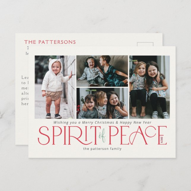 Simple Photo Peace Red Green Holiday Postcard (Front/Back)