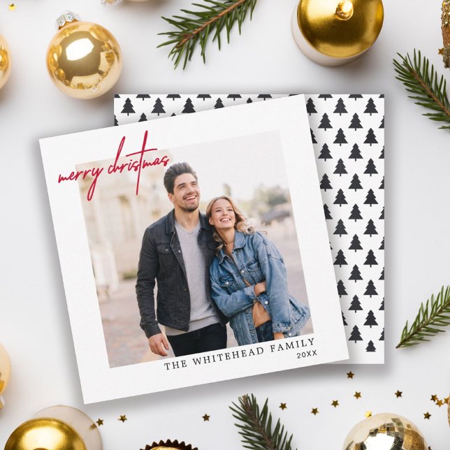 Simple Photo Red Merry Christmas White Holiday Card (Creator Uploaded)