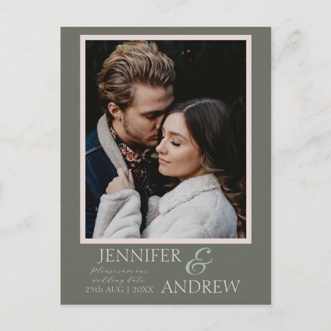 Simple Photo Sage Green Save the Date Wedding Announcement Postcard (Front)