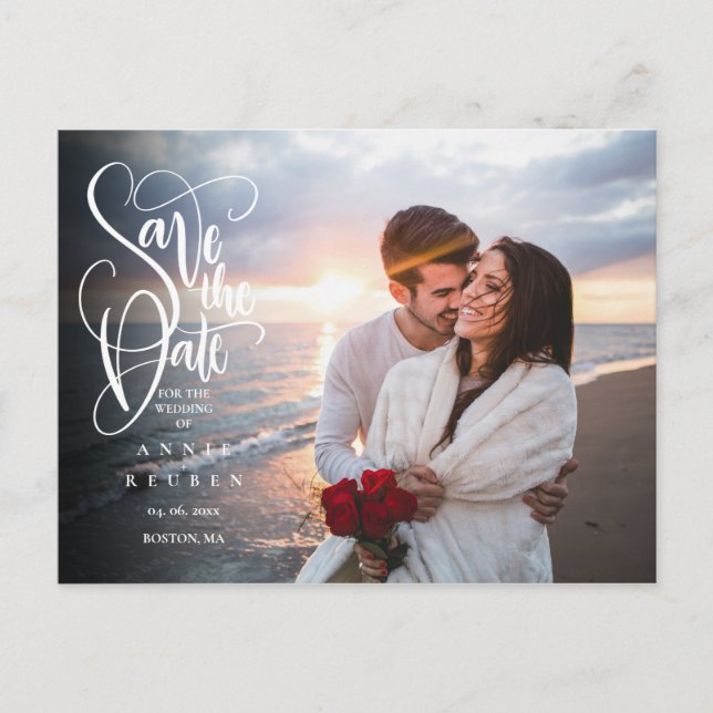 Simple Photo Save the Date Elegant White Script Announcement Postcard (Front)