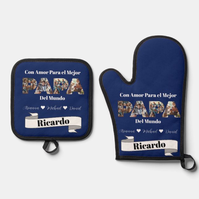Simple Photo Script Best Dad Ever Spanish Oven Mitt & Pot Holder Set (Front)