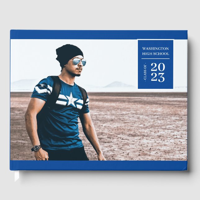 Simple Photo Tab Graduation Blue Guest Book  (Front)