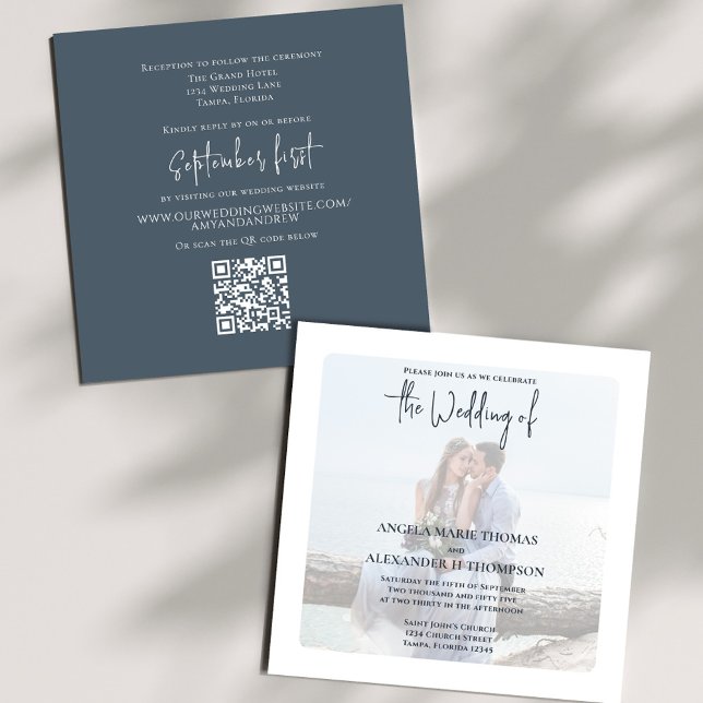 Simple Photo Template Stylish Wedding (Elegant photo dark slate blue wedding invitation with a scannable QR code.)