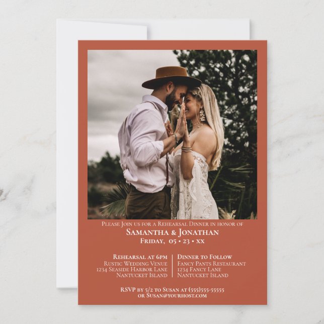 Simple Photo Terracotta Wedding Rehearsal Dinner Invitation (Front)