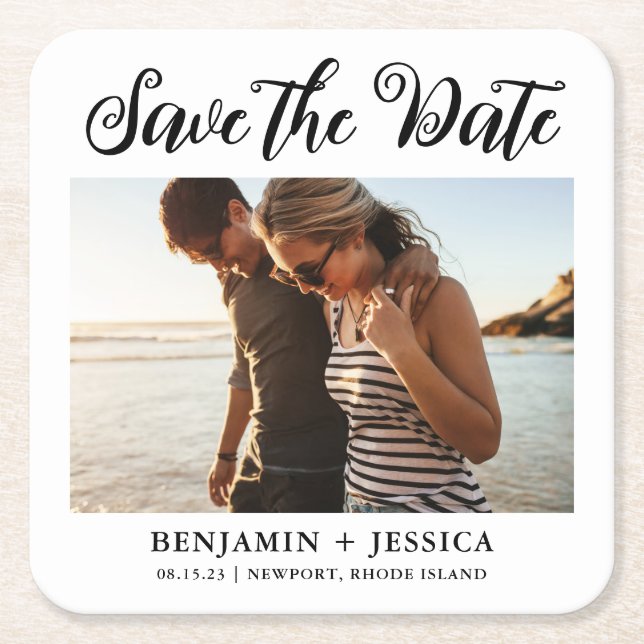 Simple Photo Wedding Black and White Save the Date Square Paper Coaster (Front)