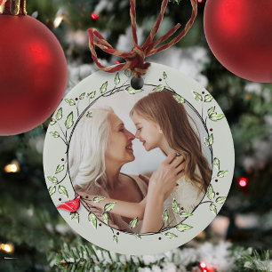 Simple Photo Winter Red Cardinal Greenery Wreath  Ceramic Ornament