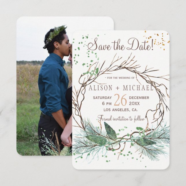 Simple photo winter wreath save date wedding save the date (Front/Back)