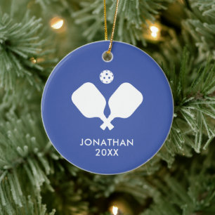 Simple Pickleball Paddles Blue White Personalized Ceramic Ornament